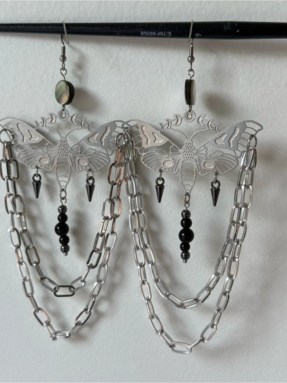 Moth statement earrings black obsidian hematite hanging chains witchy boho festi